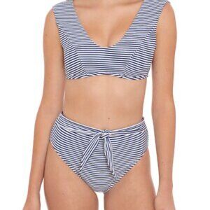 Time & Tru Storm Blue Stripe Swimsuit Bikini Top XL(16-18) Bottom M (8-10) EUC